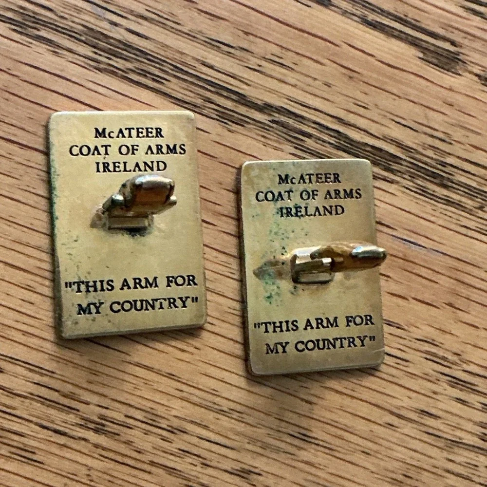 Vintage McAteer Coat of Arms Ireland Cufflinks Gold Tone Red Enamel Motto Crest